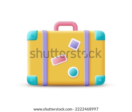 3D luggage, vacation icon. Render yellow suitcase for holiday, tourism, travel, booking and time to travel concept. 3d luggage vector cartoon minimal illustration