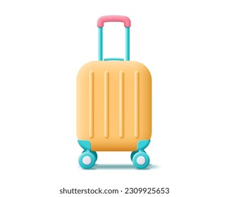 3D luggage vector icon. Render yellow suitcase for vacation, holiday, tourism, travel, booking, business and time to travel concept. 3d rendering luggage cartoon minimal illustration