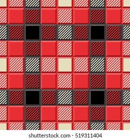 3D  Lumberjack Tartan Seamless Pattern in Black, Beige, Red, and  Gray. Trendy tartan volumetric  illustration for wallpapers. Traditional Scottish ornament. Tartan plaid inspired background.