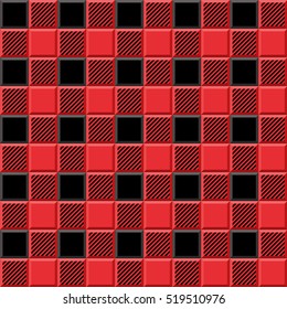 3D  Lumberjack Tartan Seamless Pattern in Black, Red, and  Gray. Trendy tartan  volumetric  illustration for wallpapers. Traditional Scottish ornament. Tartan plaid inspired background.