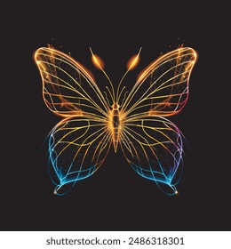 3d luminous neon glowing colorful butterfly. Modern shiny illuminated textured insect pattern with golden glitter. Surface glow texture. Trendy decorative background. Isolated gold fantasy butterfly.