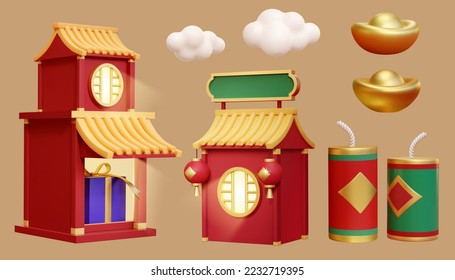 3D Lunar new year elements include traditional Chinese buildings, one with gift inside, and another with signboard on top. White clouds, gold ingots, and firecrackers isolated on khaki background