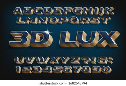 3D Lux Alphabet Font. Blue And Golden Letters And Numbers. Stock Vector Typescript For Your Typography Design.