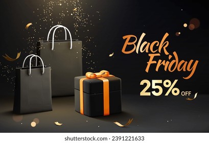 3D luxurious Black Friday sale banner with glitter, shopping bags and gifts on black background