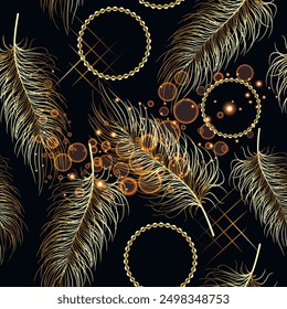 3d Luxurious elegant glowing seamless pattern with golden feathers, beads, bubbles on black background. Vector ornamental repeat shiny background. Modern ornamental glamorous jewelry endless ornaments