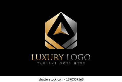 3D Luxury Arrow Logo Design. Modern Gold and Silver Logo Design Usable For Business, Foundation, Industrial, Tech, Security, Services, Company. Flat Vector Logo Design Illustration.,