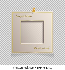 3D Luxury beige square card, gold ornament and place for your photo, text, image, congratulations, inscription, invitations. Frame template greeting card, postcard. The sticker is held on the button.