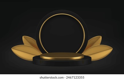 3d luxury black golden podium with leaves for fashion product presentation realistic vector illustration. Trendy elegant premium cylinder display with round wall background for shopping sale show