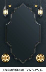 3d luxury black vertical arch Islamic ramadan kareem eid mubarak arabic background banner design illustration. Translation. "Muslim fasting month and celebration day after fasting."