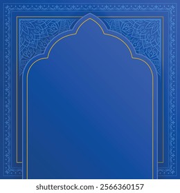 3d luxury blue eid mubarak ramadan kareem arabesque islamic background banner ornament. Arabic arch design.Translation: "Muslim fasting month and celebration day after fasting"