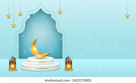 3d luxury blue podium Islamic ramadan kareem eid mubarak arabic background banner design illustration. Translation. "Muslim fasting month and celebration day after fasting."