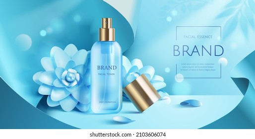 3d luxury cosmetic ad template, facial toner dispenser mockup with blue flowers and paper wave decoration under sunlight.