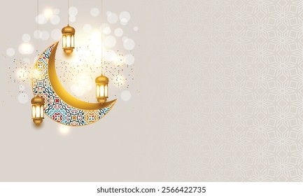 3d luxury crescent moon Eid Mubarak Ramadan Kareem arabesque Islamic background banner. Translation: "Muslim fasting month and celebration day after fasting"