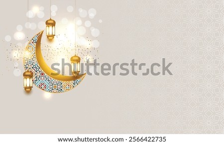 3d luxury crescent moon Eid Mubarak Ramadan Kareem arabesque Islamic background banner. Translation: 