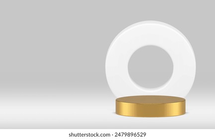 3d luxury cylinder podium pedestal with circle frame wall background realistic vector illustration. Premium golden platform white showroom advertising space for shopping sale presentation