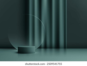 3D Luxury Cylindrical Podium with Transparent Glass Circular and Curtain Backdrop Elegant Dark Green Product Display and Mockup Design for Stylish Showroom Showcase