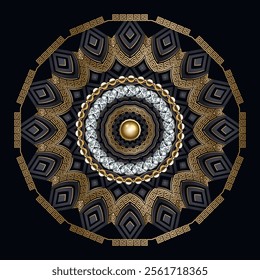 3d luxury elegant modern art Deco jewelry black mandala pattern with gold lines, diamond, gemstones, beads, greek key meanders, mazes, gold button, frame. Vector ornamental trendy black background