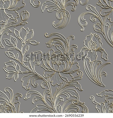 3d luxury embossed floral line art seamless pattern in Baroque style with peony, iris. Ornate 3D relief gray background with gold lines flowers, leaves. Surface vector texture with embossing effect.