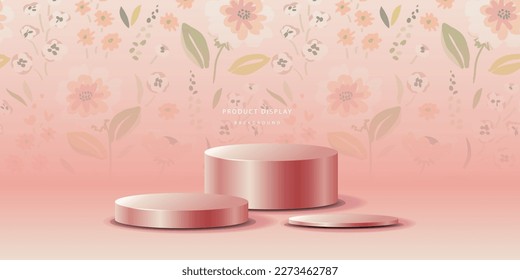 Fondo de flores de lujo 3D con podio peatonal de cilindro realista. formas geométricas de representación. Pantalla de producto de mordaza. Para mostrar productos cosméticos. Escena mínima en la pared. Muestra de escenario.