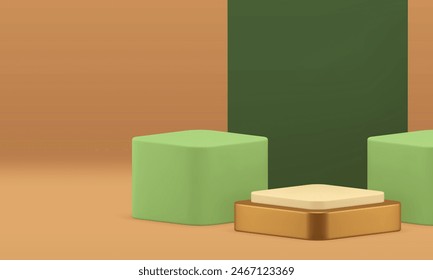 3d de lujo geométrico podio neutro showroom para la presentación de productos de Ilustración vectorial realista. Premium dorado rombo pedestal verde pared fondo beige publicidad estudio espacio interior show