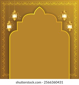 3d luxury gold eid mubarak ramadan kareem arabesque islamic background banner border. Arabic golden arch design. Translation: "Muslim fasting month and celebration day after fasting"