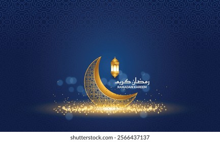 3d luxury gold eid mubarak ramadan kareem greetings islamic blue background banner border. Golden crescent moon. Translation: "Muslim fasting month and celebration day after fasting"