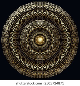 3d Luxury gold floral mandala pattern with elegance ornaments, greek key, meander, golden 3d button, lines flowers, borders, frames, circles. Ornamental vector background.  Ornate surface texture.