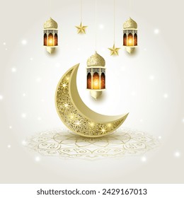 3d de lujo de oro brillante luna islámica ramadán kareem eid mubarak fondo árabe ilustración de diseño de banner. Traducción "Musulmanes ayunando mes y día de celebración después del ayuno."