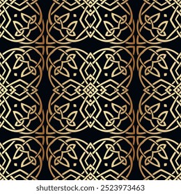 3d Luxury gold grid arabesque style floral seamless pattern. Vector ornamental gold and black  background. Repeat lacy backdrop. Modern beautiful intricate ornaments. Endless patterned 3d texture.