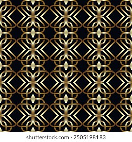 3d Luxury gold grid celtic style seamless pattern. Vector ornamental gold and black lattice background. Repeat elegant backdrop. Modern beautiful intricate ornaments. Endless patterned 3d texture.