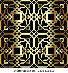 3d Luxury gold grid celtic arabesque style ornate seamless pattern. Vector ornamental gold and black background. Repeat backdrop. Modern braided intricate ornaments. Endless patterned 3d texture.