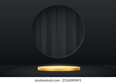 3D luxury gold podium and black curtain in round window of showcase studio room vector illustration. Realistic empty golden pedestal for products presentation, circle niche with shadow in wall.