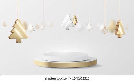 3D luxury gold and silver circle podium display with Christmas tree hanging element. Vector Illustration