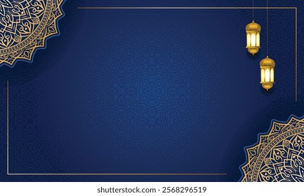 3d luxury golden blue eid mubarak ramadan kareem arabesque islamic background banner ornament. Arabic mandala design. Translation: "Muslim fasting month and celebration day".