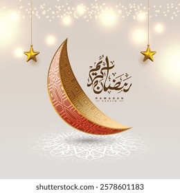 3d luxury golden crescent moon decorative Ramadan Kareem Eid Mubarak Islamic background banner with lights. Translation: "Muslim fasting month and celebration day after fasting"