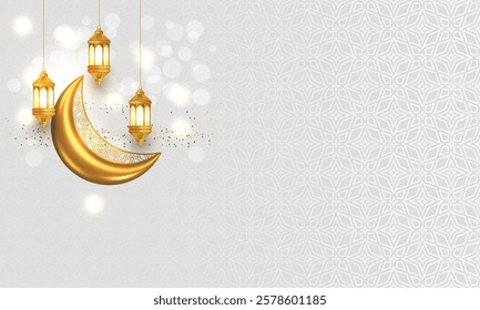 3d luxury golden crescent moon copy space Ramadan Kareem Eid Mubarak Islamic background banner with lights. Translation: "Muslim fasting month and celebration day after fasting"