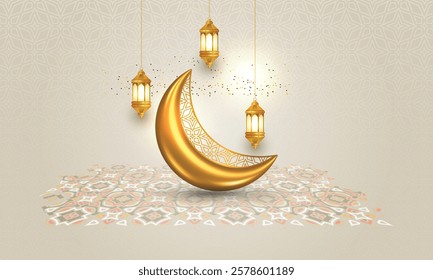 3d luxury golden crescent moon colorful pattern Ramadan Kareem Eid Mubarak Islamic background banner with lights. Translation: "Muslim fasting month and celebration day after fasting"