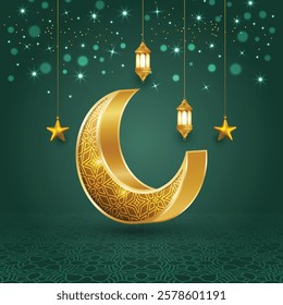 3d luxury golden crescent moon stars Ramadan Kareem Eid Mubarak Islamic background banner with lights. Translation: "Muslim fasting month and celebration day after fasting"