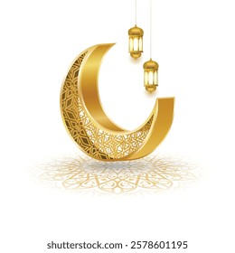 3d luxury golden luxury crescent moon Ramadan Kareem Eid Mubarak Islamic background banner with lights. Translation: "Muslim fasting month and celebration day after fasting"