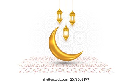 3d luxury golden crescent moon and lantern Ramadan Kareem Eid Mubarak Islamic background banner with lights. Translation: "Muslim fasting month and celebration day after fasting"