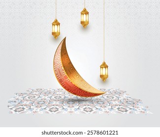 3d luxury golden crescent moon Ramadan Kareem Eid Mubarak Islamic background banner with lanterns. Translation: "Muslim fasting month and celebration day after fasting"