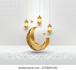 3d luxury golden elegant crescent moon Ramadan Kareem Eid Mubarak Islamic background banner with lights. Translation: "Muslim fasting month and celebration day after fasting"