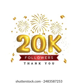 3d luxury golden glossy 20k or twenty thousands followers subscriber. 20th anniversary or birthday celebration 