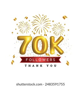 
3d luxury golden glossy 70k or seventy thousands followers subscriber. 70th anniversary or birthday celebration 