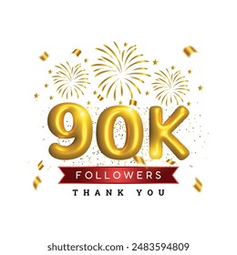 3d luxury golden glossy 90k or ninety thousands followers subscriber. 90th anniversary or birthday celebration 