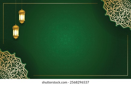 3d luxury golden green ramadan kareem eid mubarak arabesque islamic background banner ornament. Arabic mandala design. Translation: "Muslim fasting month and celebration day after fasting"