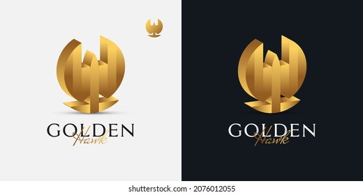 3D Luxury Golden Hawk Logo Design Template. Eagle, Falcon or Garuda Logo and Icons
