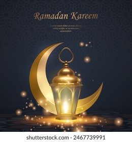 3D luxury golden Islamic lantern and crescent moon. suitable for Ramadan, Raya Hari, Eid al Adha Islamic holiday
