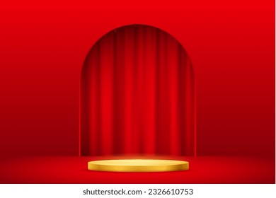 3D luxury golden podium, red curtain in arch of doorway vector illustration. Realistic showcase pedestal for premium beauty products presentation, empty stage with platform and niche in wall.