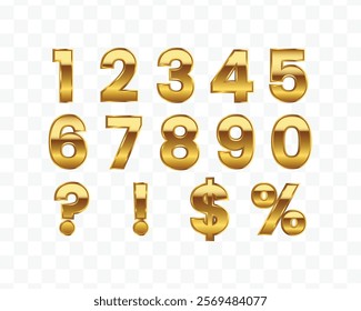 3d luxury golden set of number digits one two three four five six seven eight nine. Shiny numeric collection for birthday anniversary and sale in gold metal style.
Numbers 1 2 3 4 6 7 8 9 0 symbols 